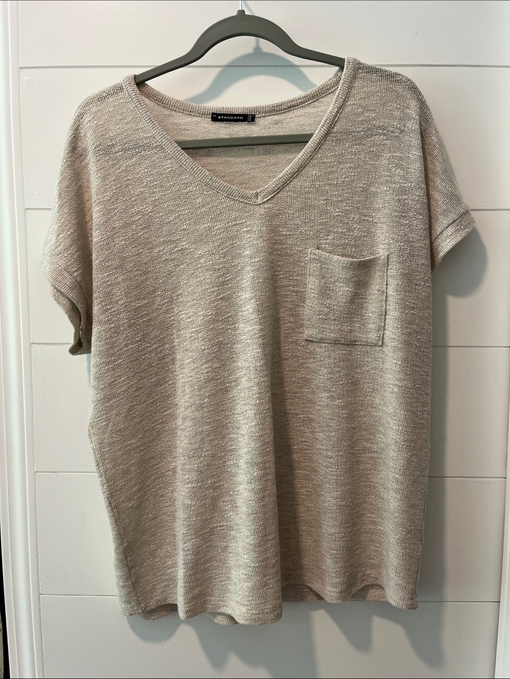 Staccato Neutral Beige V-Neck Short Sleeve Knit Top with Pocket